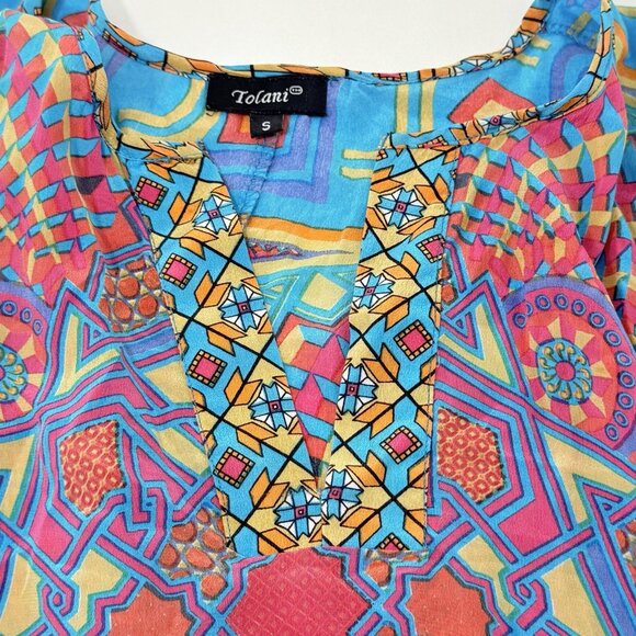 Tolani Blouse Silk Top Women Size S Boho Hippie Gypsy Vibrant Abstract Comfy Art - Picture 3 of 12